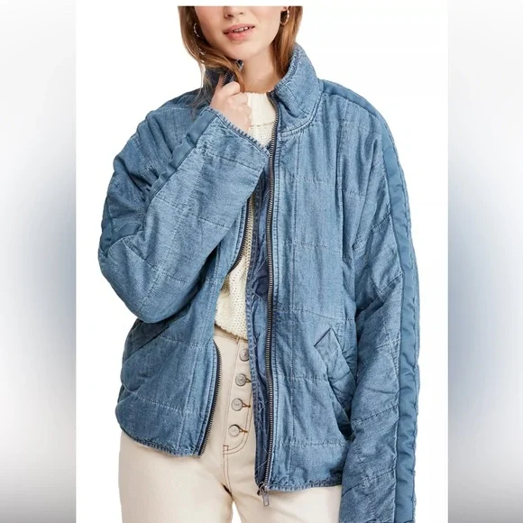 Free People Dolman Quilted Denim Jacket Medium Chambray Boho Zip Jacket - Picture 5 of 14